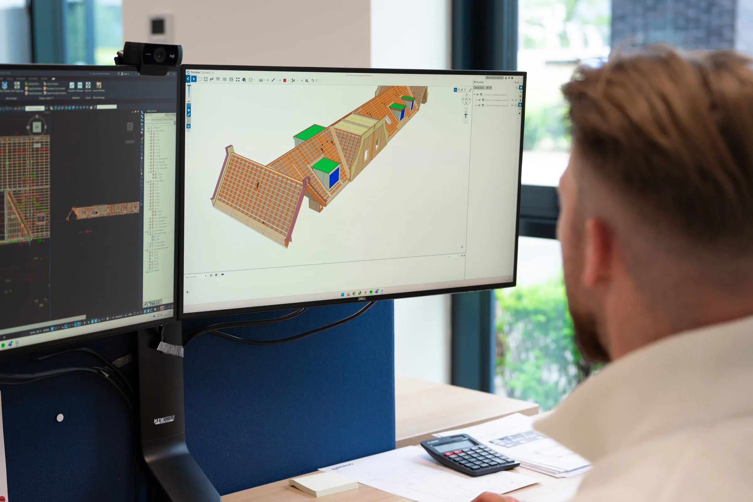 3D-model van een prefab dakconstructie op het scherm